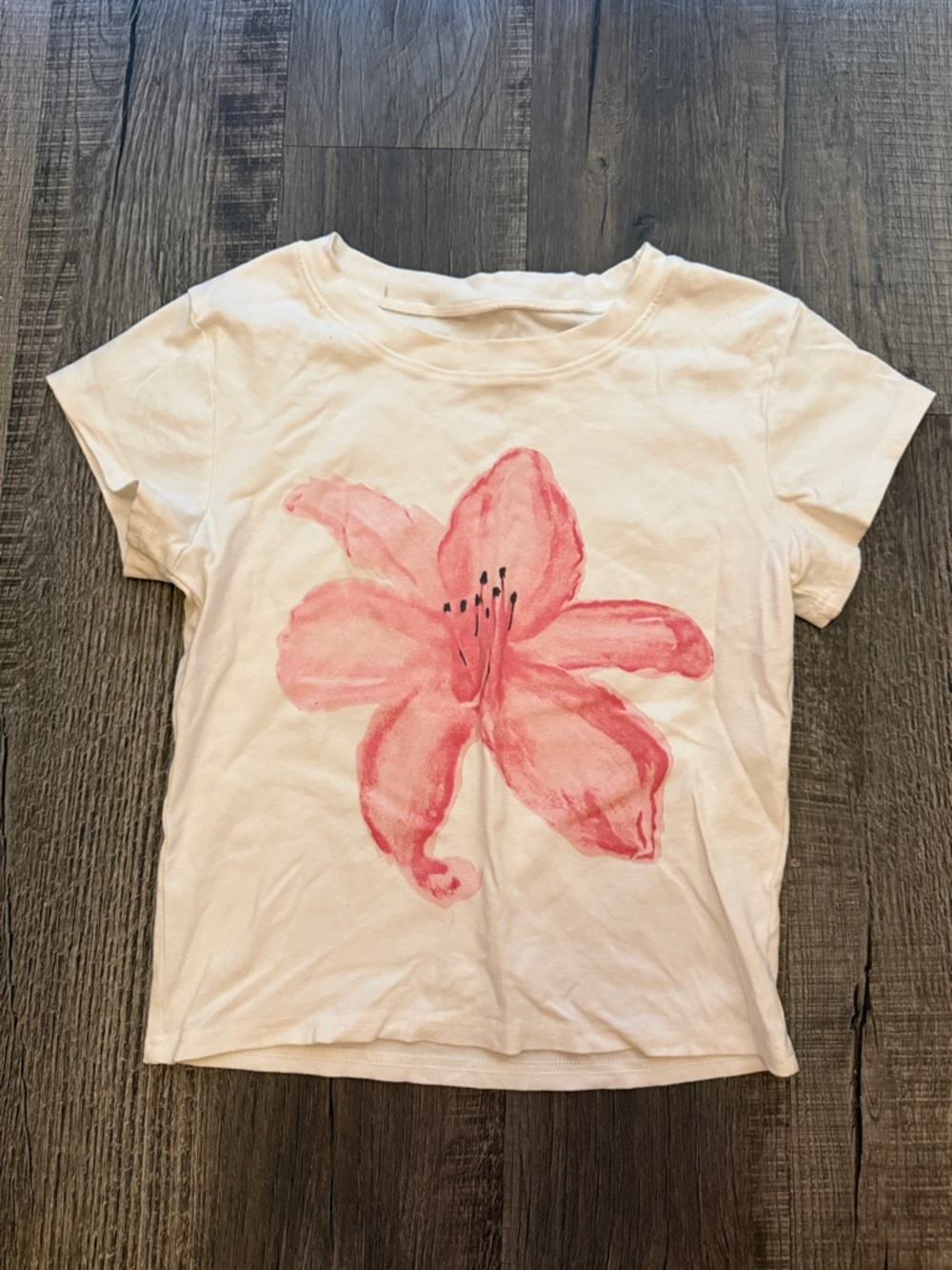 White Tee with Pink Watercolor Flower
